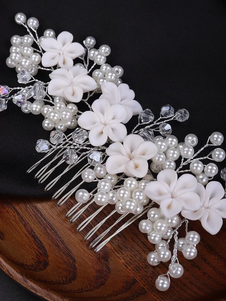 White Clay Flower Bridal Hair Comb, Wedding Ceramic Large Floral Hair Comb, Bridal Pearl Big Hairpin Headpiece