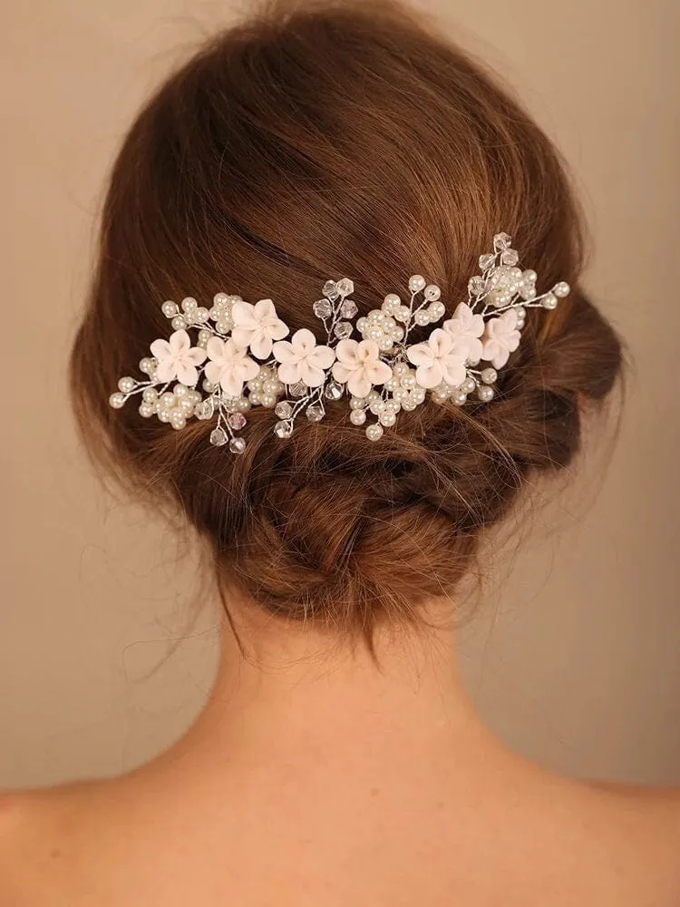 White Clay Flower Bridal Hair Comb, Wedding Ceramic Large Floral Hair Comb, Bridal Pearl Big Hairpin Headpiece