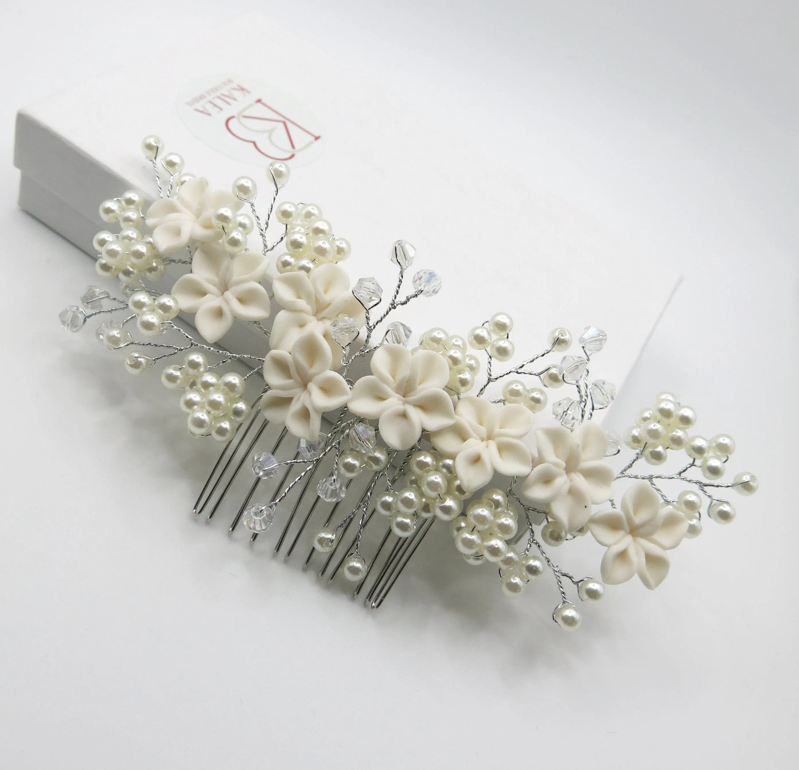 White Clay Flower Bridal Hair Comb, Wedding Ceramic Large Floral Hair Comb, Bridal Pearl Big Hairpin Headpiece