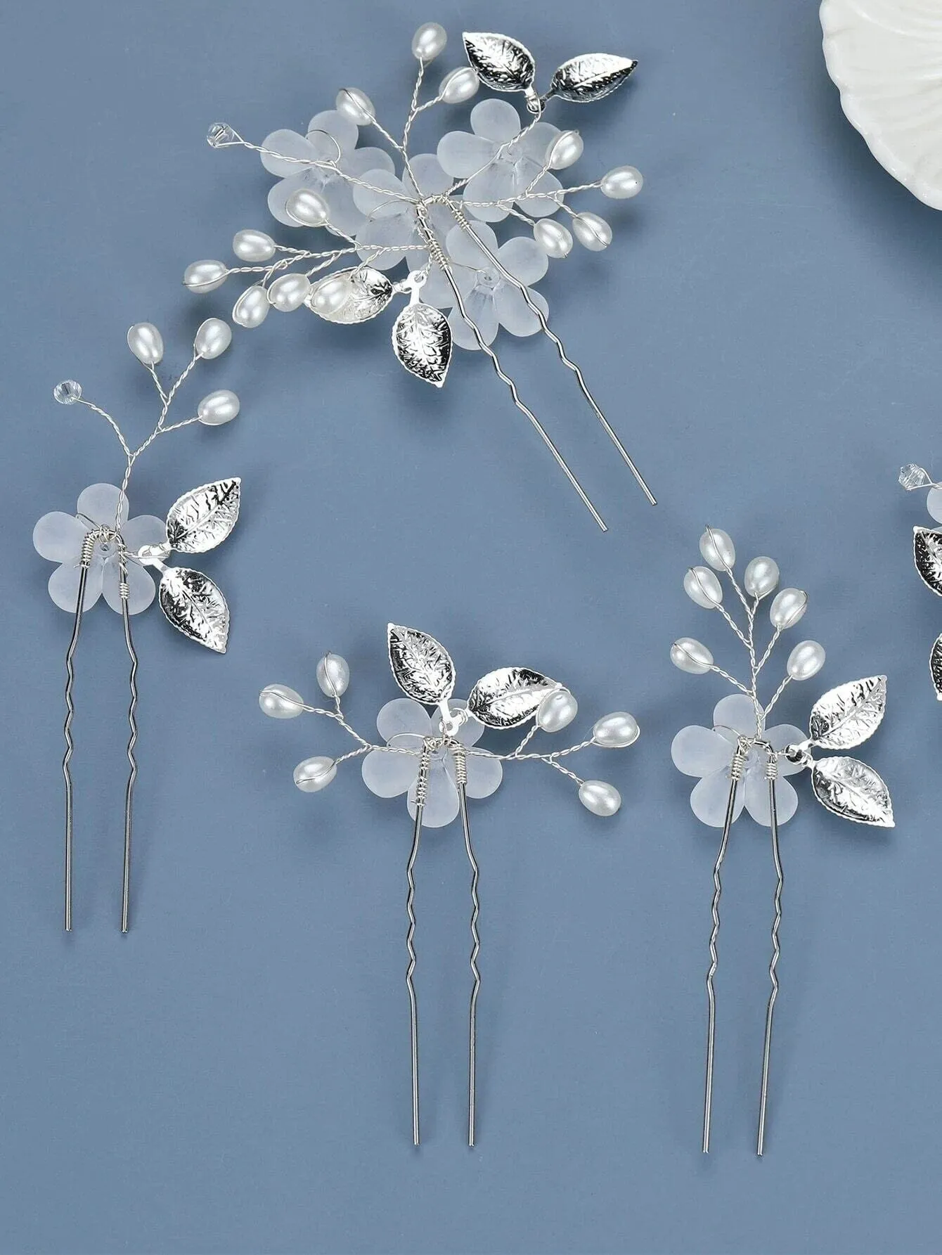 White Flower 5 PC Wedding Hairpin Set, Bridal Floral Wire Hair Pins, Pearl Branch Floral Hairpin Headpiece Set
