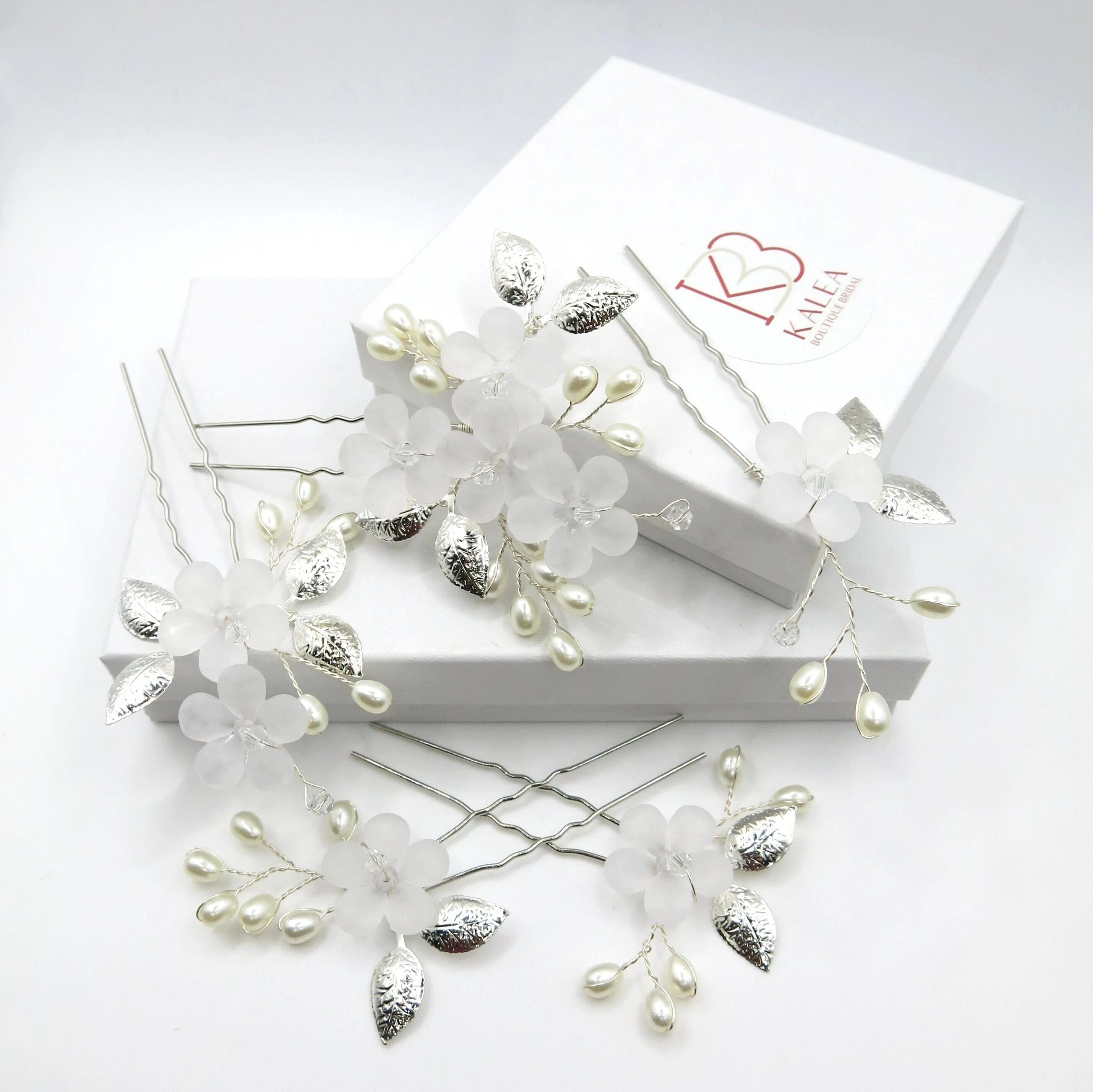 White Flower 5 PC Wedding Hairpin Set, Bridal Floral Wire Hair Pins, Pearl Branch Floral Hairpin Headpiece Set