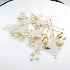 White Flower 5 PC Wedding Hairpin Set, Bridal Floral Wire Hair Pins, Pearl Branch Floral Hairpin Headpiece Set