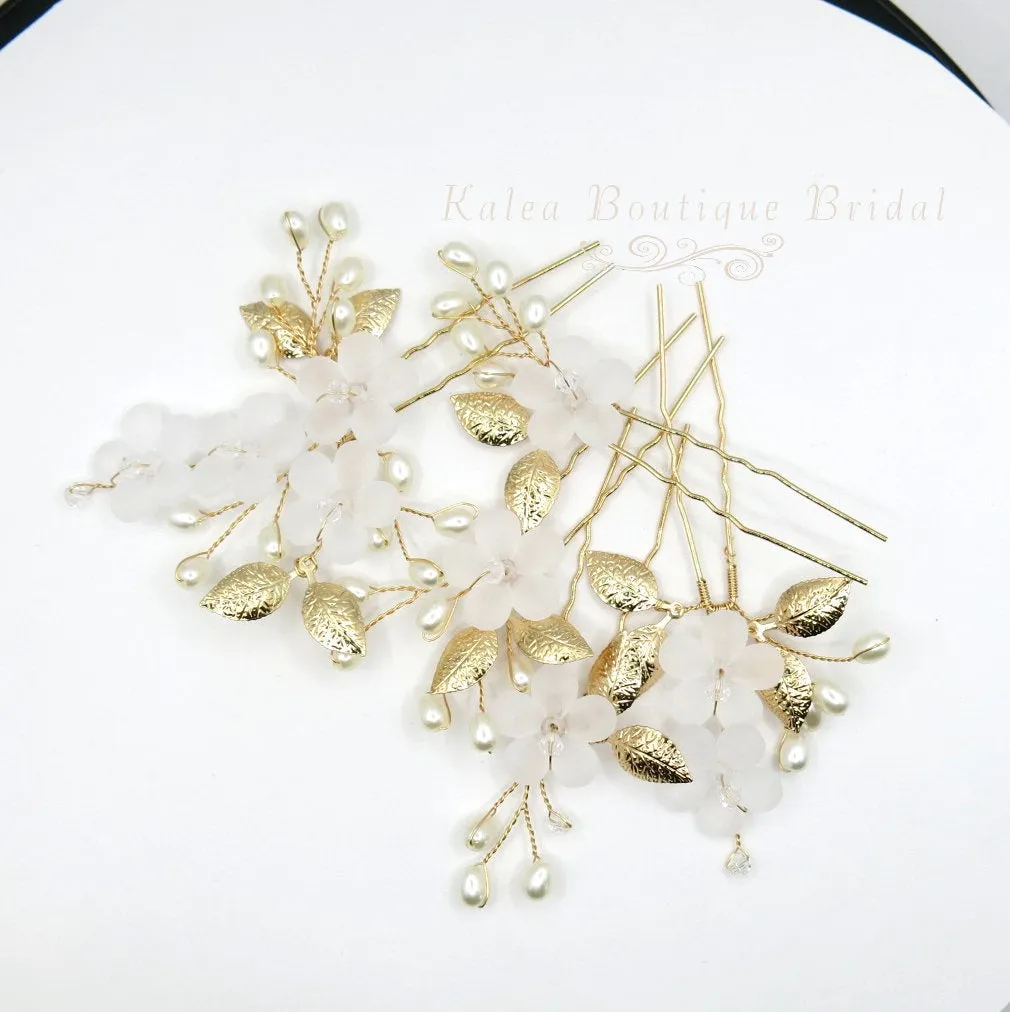 White Flower 5 PC Wedding Hairpin Set, Bridal Floral Wire Hair Pins, Pearl Branch Floral Hairpin Headpiece Set