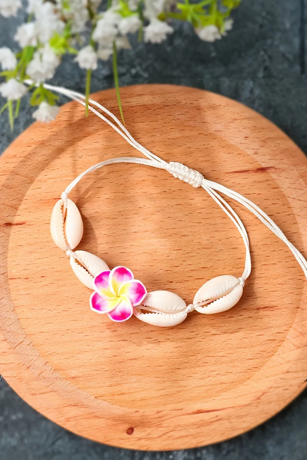 White Flower Seashell Adjustable Bracelet