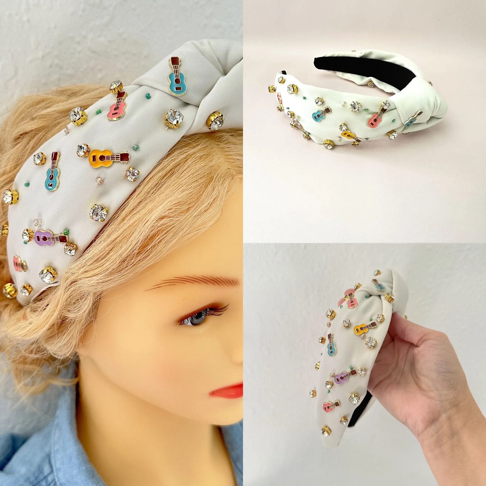 White Guitar Rhinestone Headband