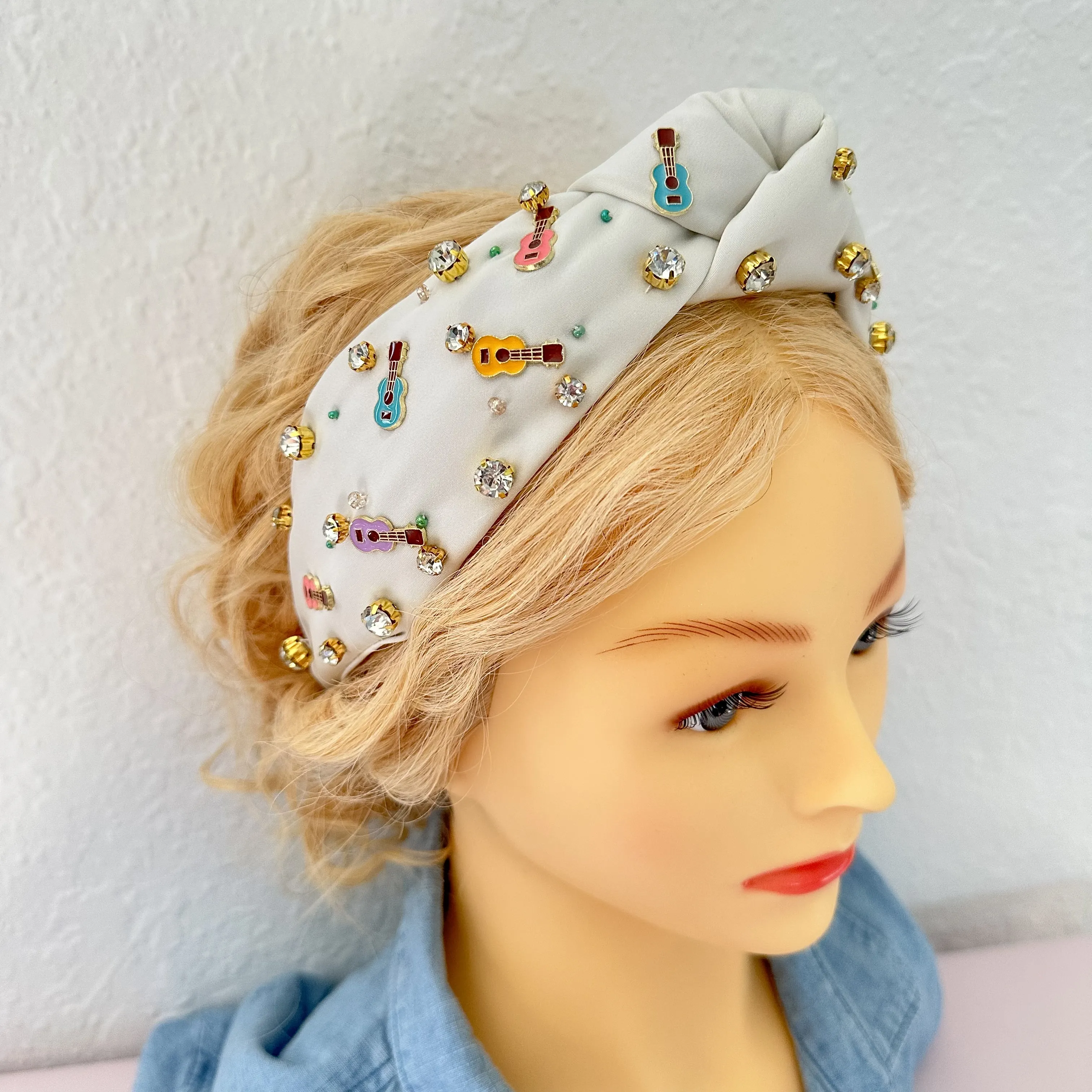 White Guitar Rhinestone Headband