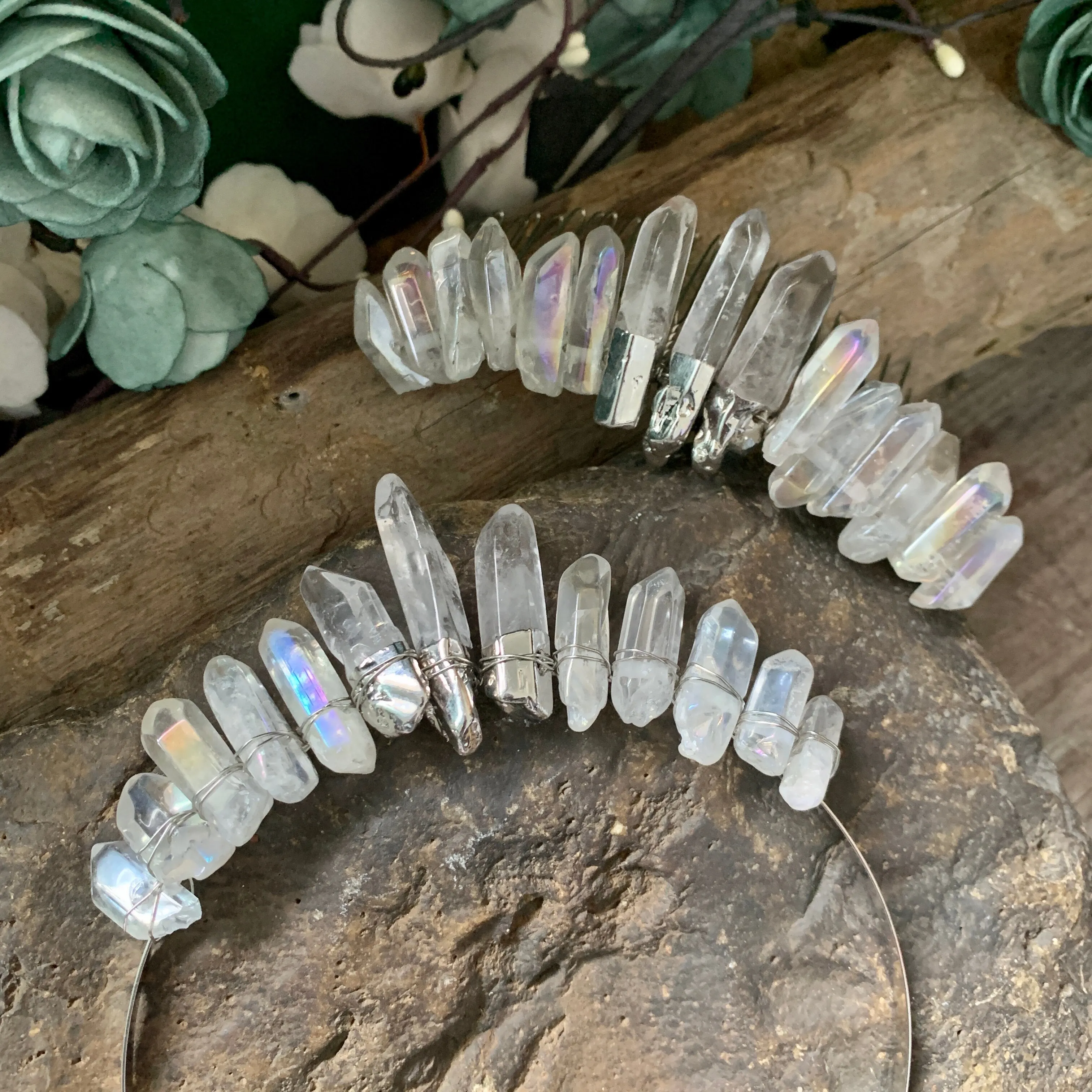 White raw crystal crown tiara quartz headband hair comb  witch accessories wedding elven festival Wicca jewelry