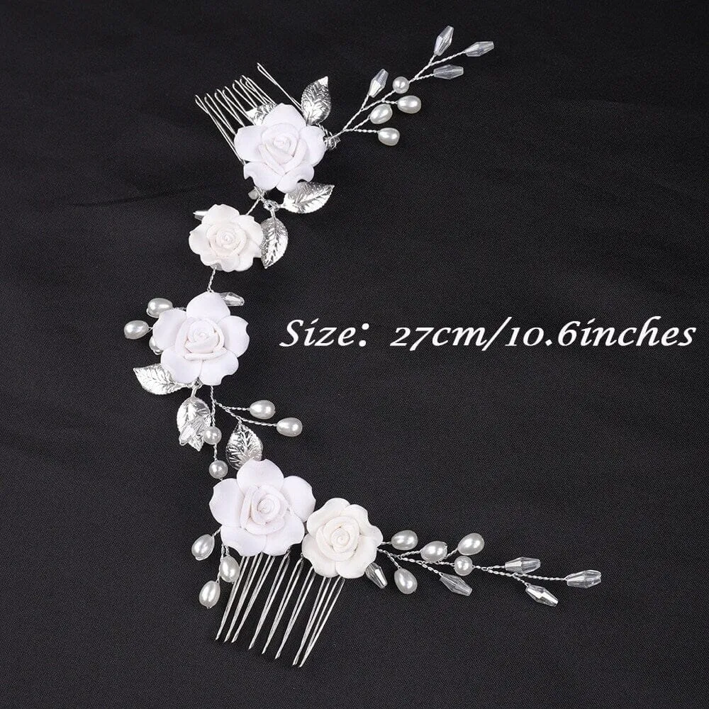 White Roses Bridal Dual Hair Comb, Floral Wedding Headband Hair Vine, Ceramic Clay Flower Head Wreath