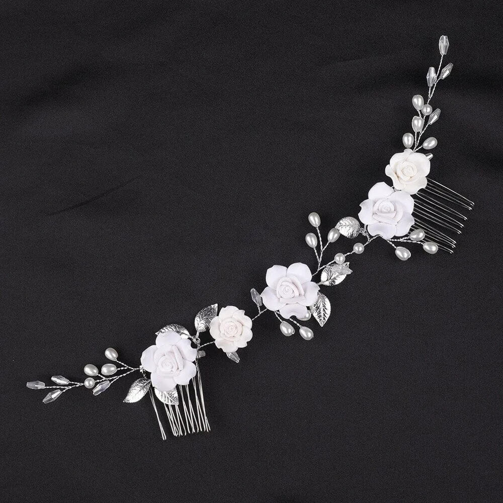 White Roses Bridal Dual Hair Comb, Floral Wedding Headband Hair Vine, Ceramic Clay Flower Head Wreath
