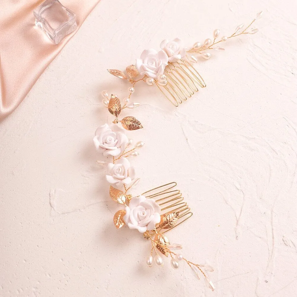 White Roses Bridal Dual Hair Comb, Floral Wedding Headband Hair Vine, Ceramic Clay Flower Head Wreath