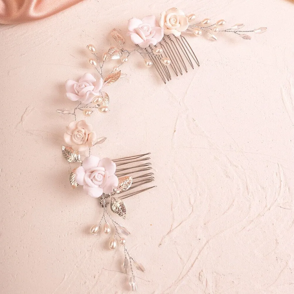 White Roses Bridal Dual Hair Comb, Floral Wedding Headband Hair Vine, Ceramic Clay Flower Head Wreath