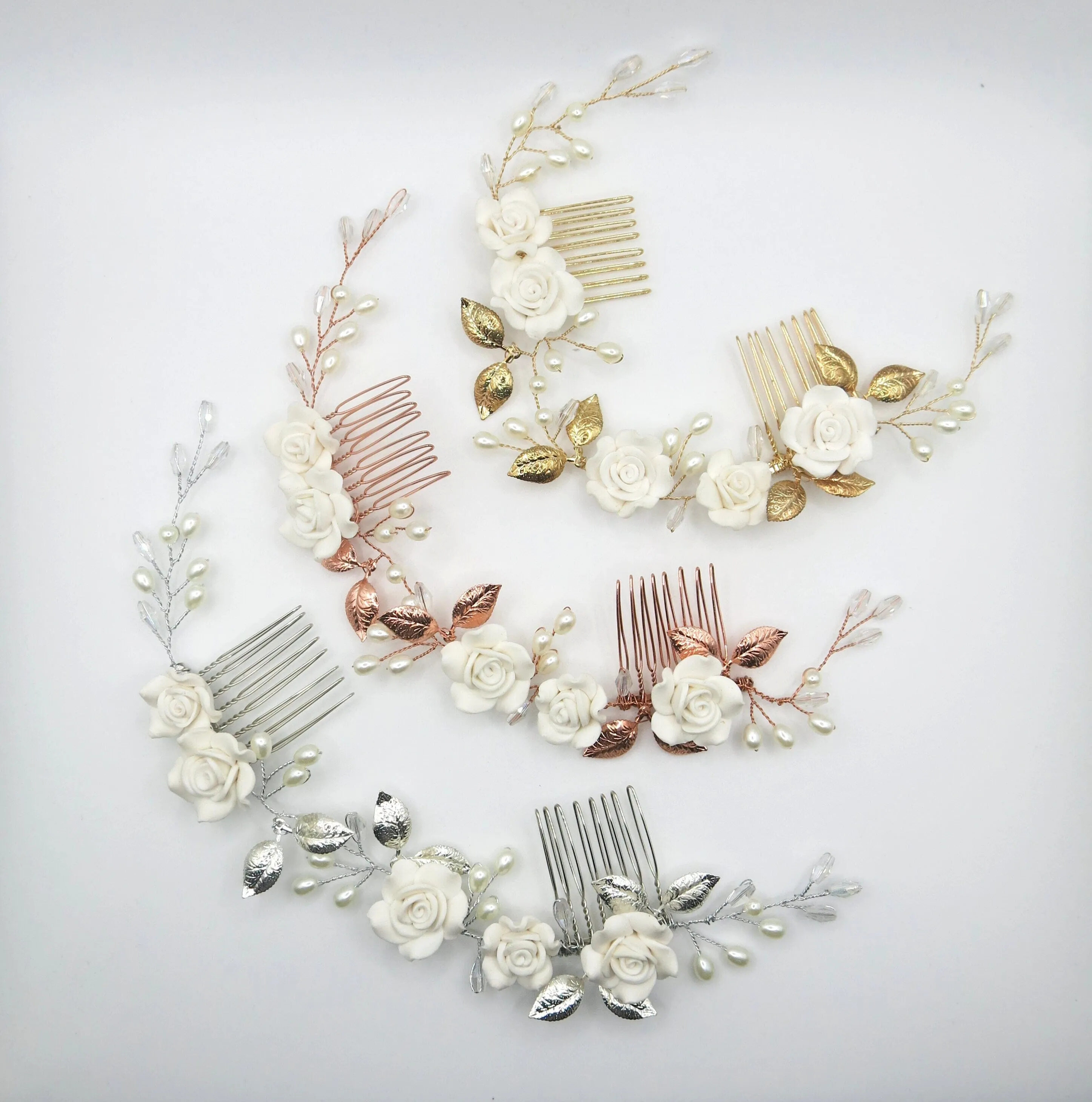 White Roses Bridal Dual Hair Comb, Floral Wedding Headband Hair Vine, Ceramic Clay Flower Head Wreath