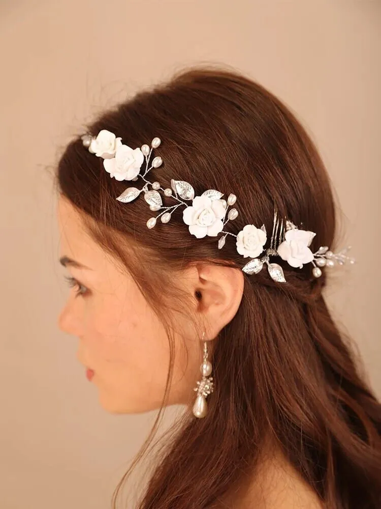 White Roses Bridal Dual Hair Comb, Floral Wedding Headband Hair Vine, Ceramic Clay Flower Head Wreath