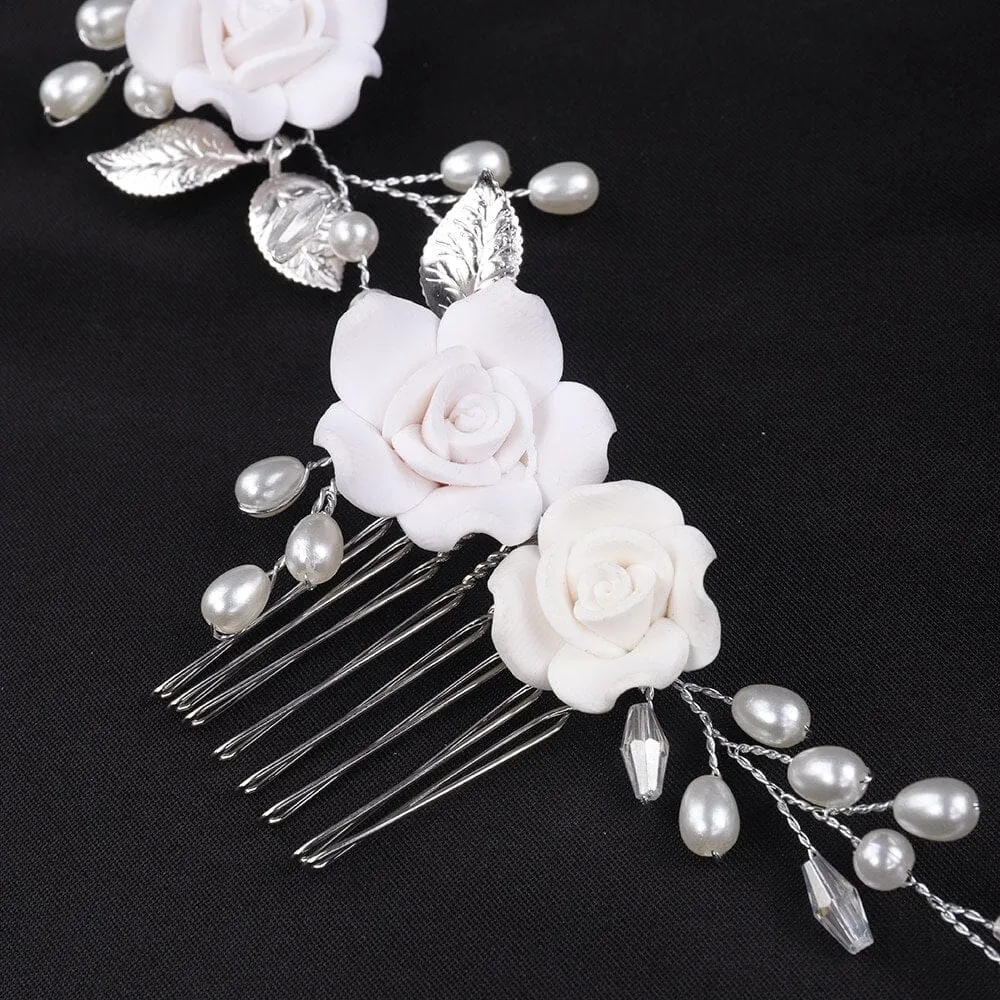 White Roses Bridal Dual Hair Comb, Floral Wedding Headband Hair Vine, Ceramic Clay Flower Head Wreath