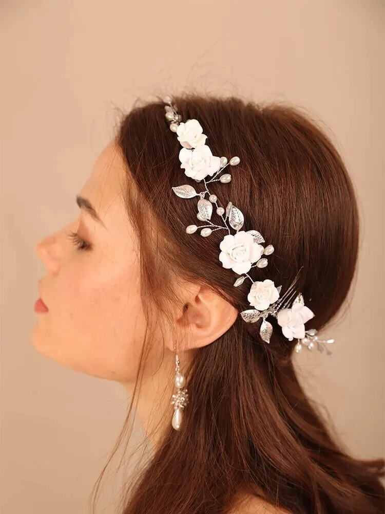 White Roses Bridal Dual Hair Comb, Floral Wedding Headband Hair Vine, Ceramic Clay Flower Head Wreath