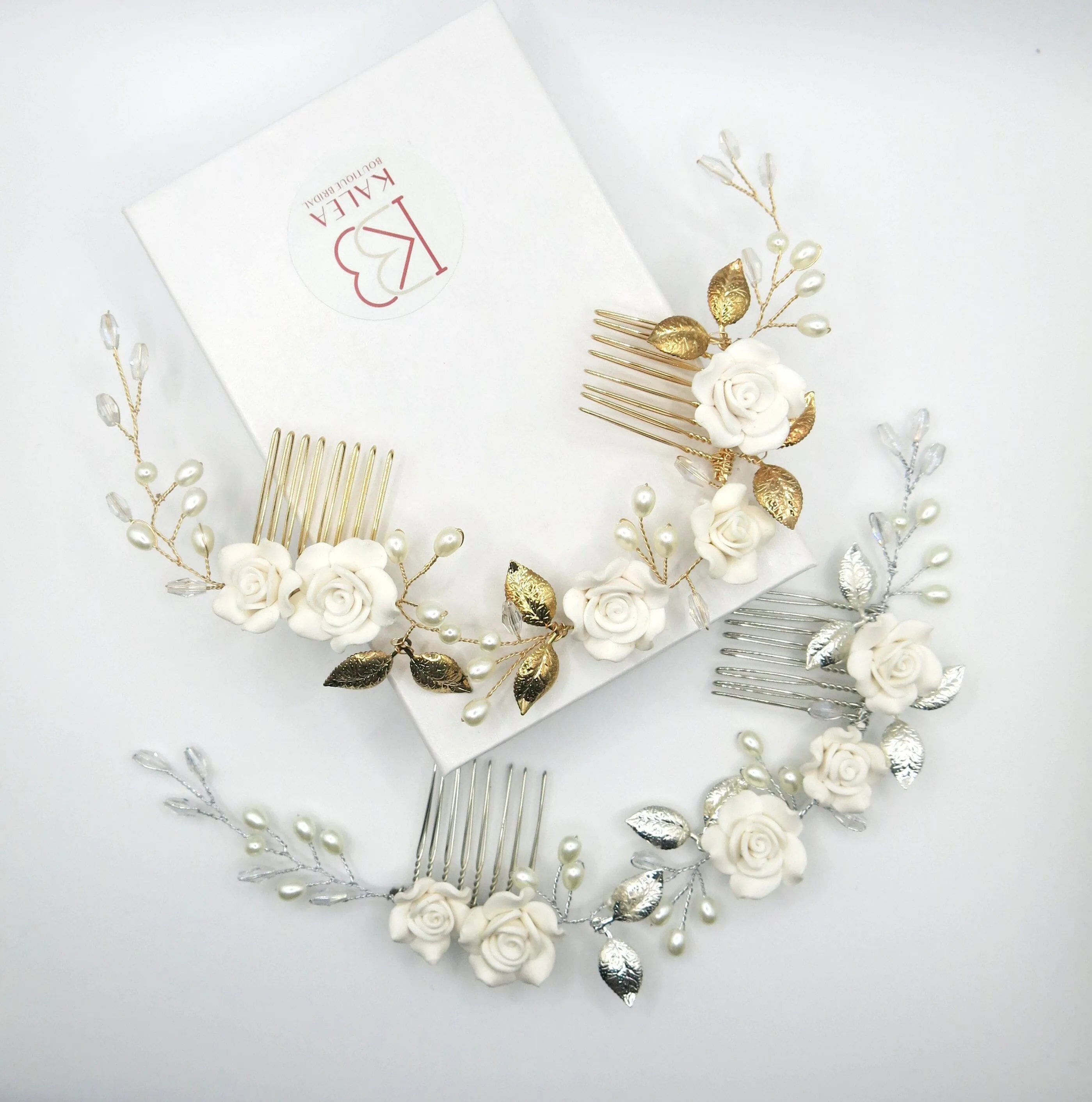 White Roses Bridal Dual Hair Comb, Floral Wedding Headband Hair Vine, Ceramic Clay Flower Head Wreath