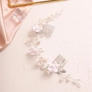 White Roses Bridal Dual Hair Comb, Floral Wedding Headband Hair Vine, Ceramic Clay Flower Head Wreath
