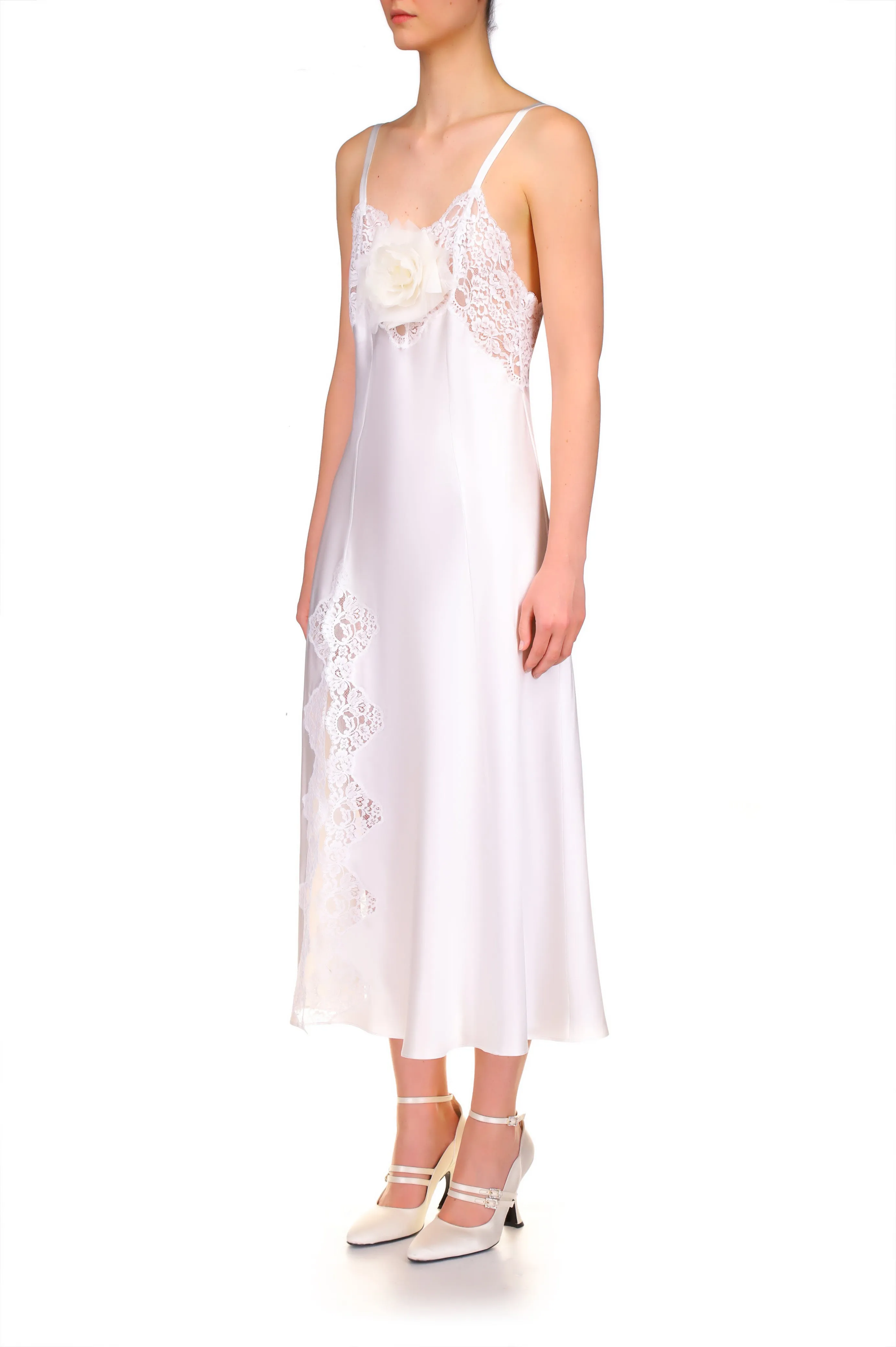 White Silk Satin And Lace Bias Slip Dress With Slit and Rose