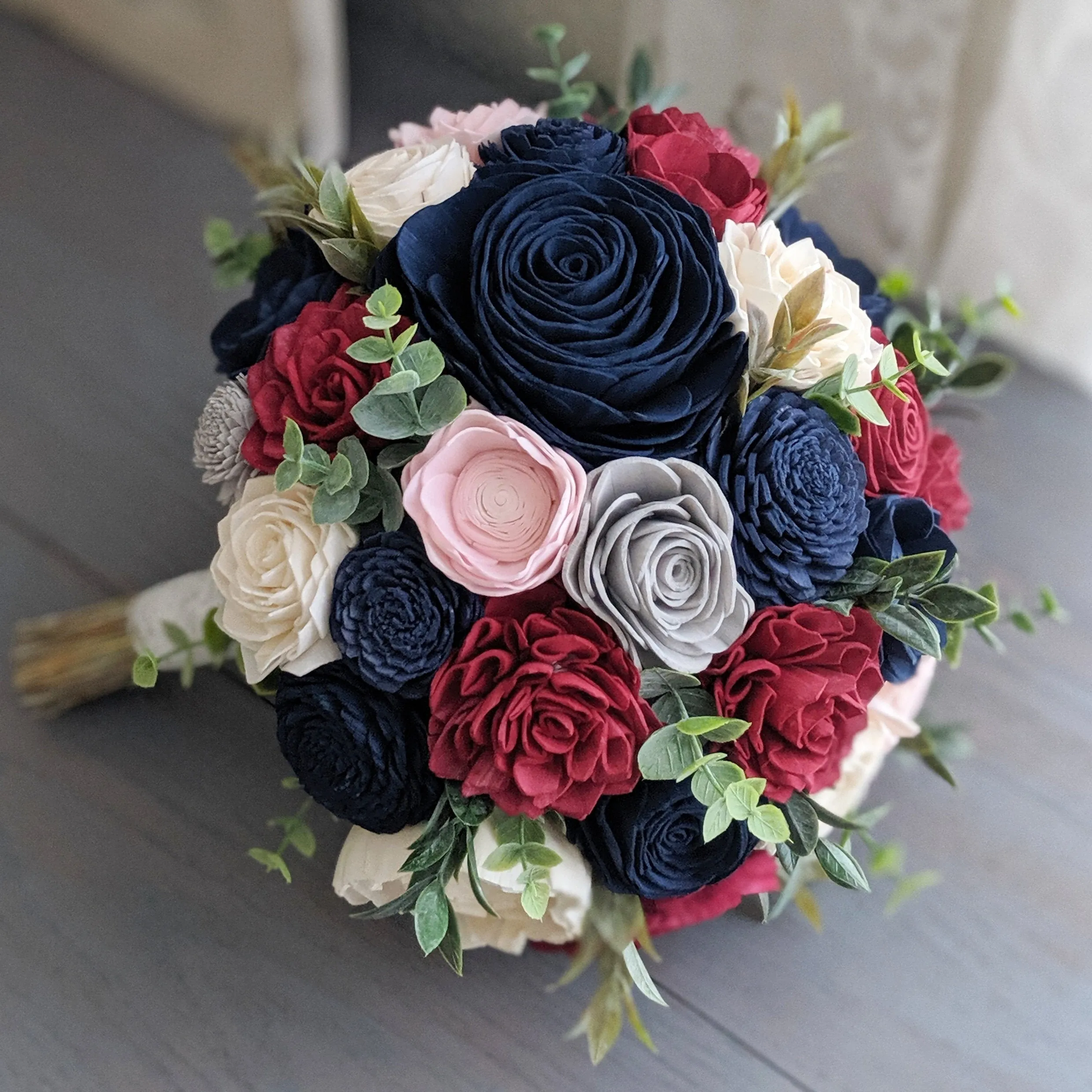 Wine and Navy with Light Gray, Blush, and Ivory Accents Bouquet with Mixed Greenery