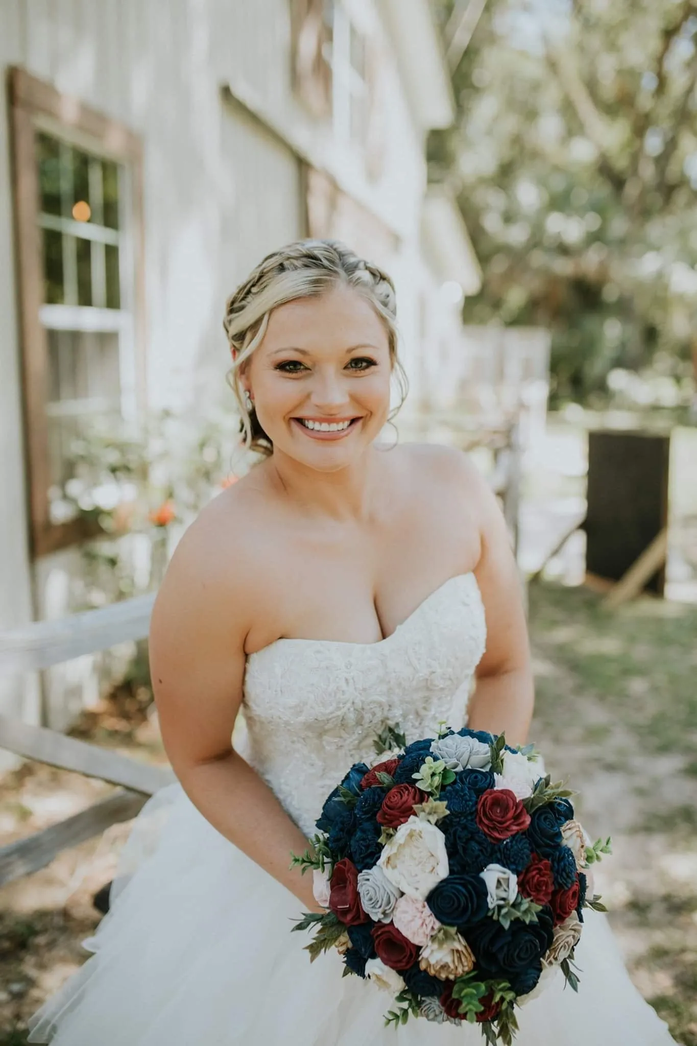 Wine and Navy with Light Gray, Blush, and Ivory Accents Bouquet with Mixed Greenery