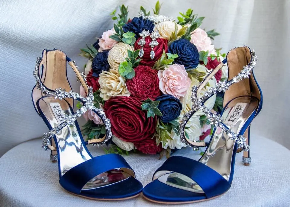 Wine and Navy with Light Gray, Blush, and Ivory Accents Bouquet with Mixed Greenery
