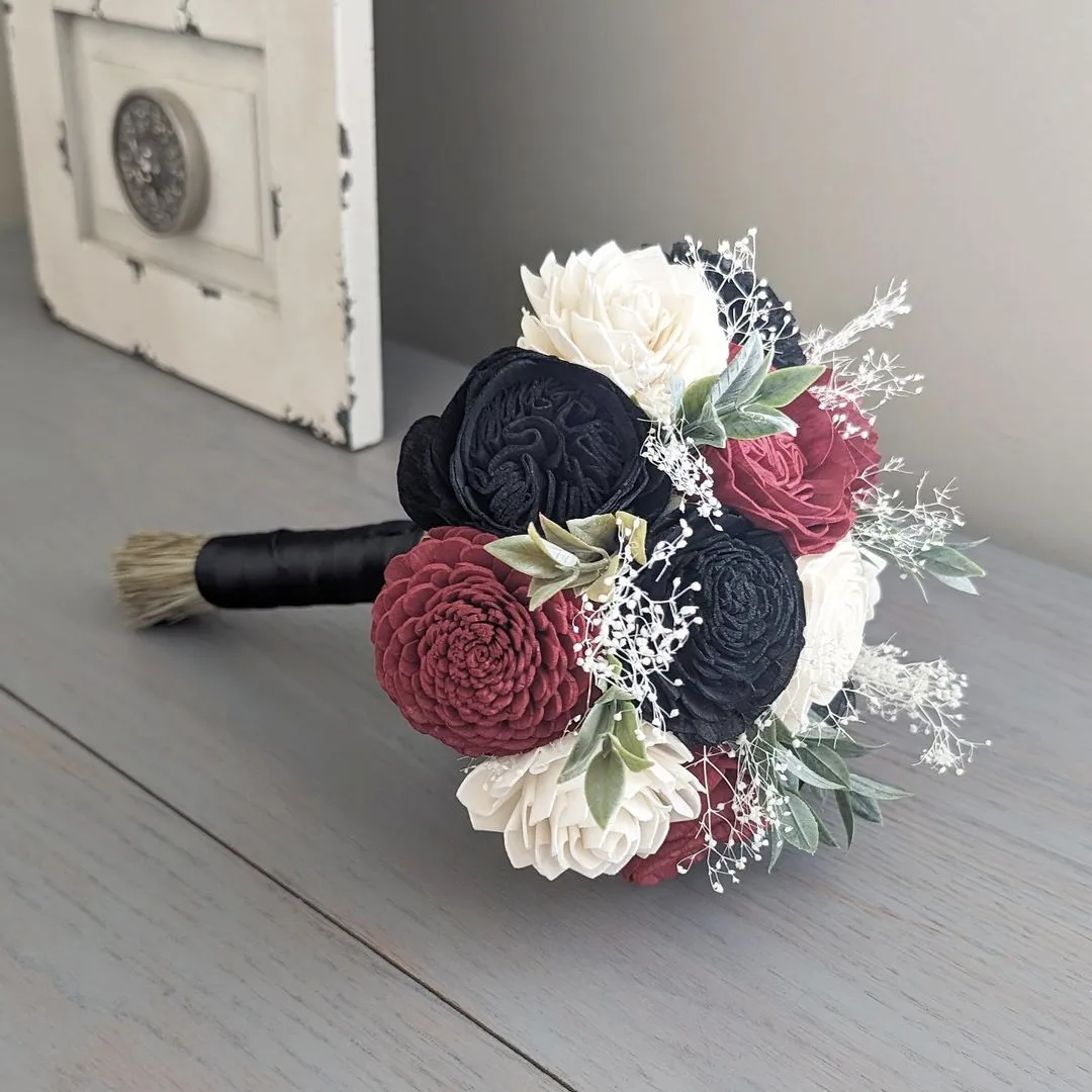 Wine, Black, and Ivory Bouquet with Baby's Breath and Greenery