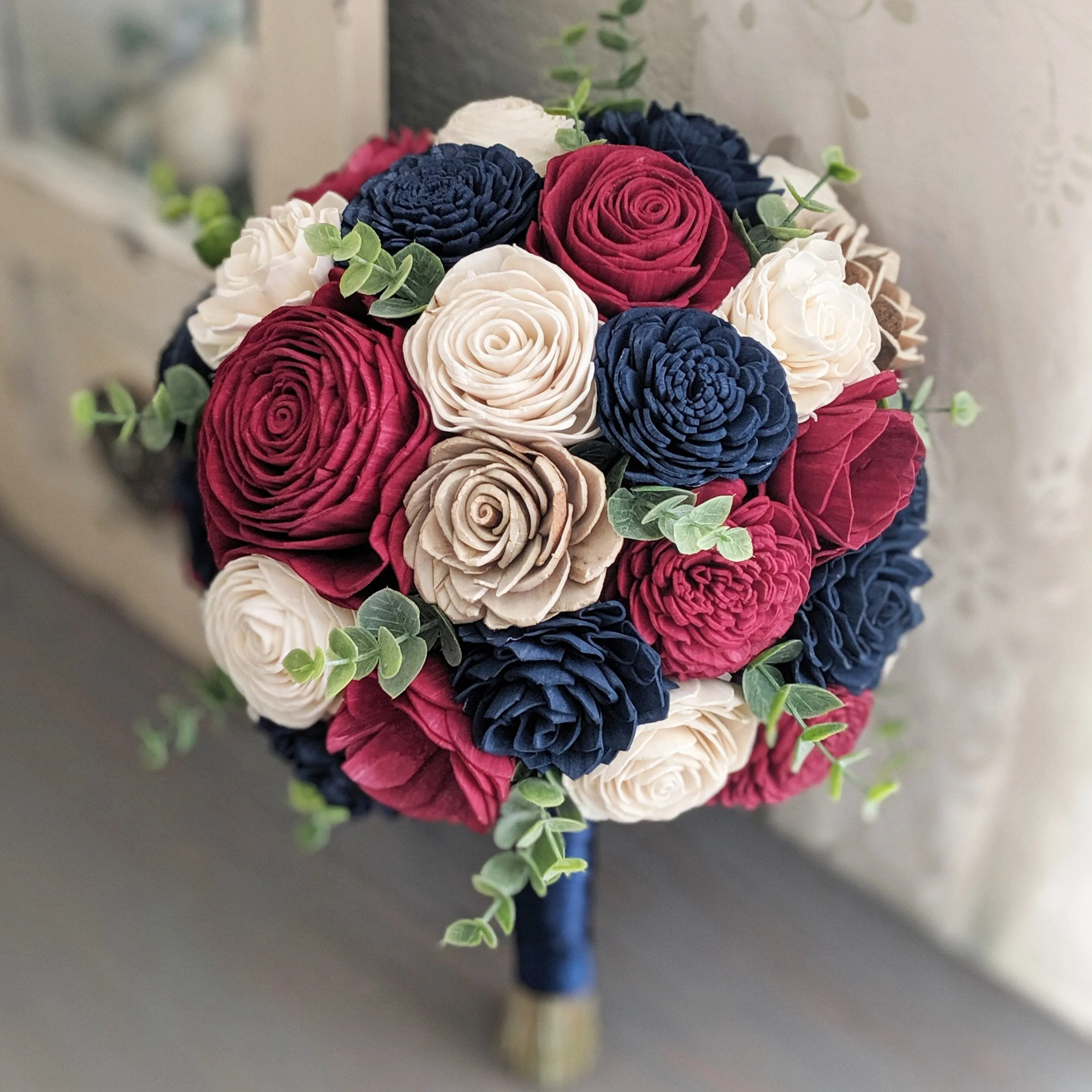 Wine, Navy, and Ivory Bouquet with Spiral Eucalyptus