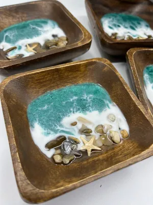 Wood Ring Bowl or Trinket Dish Square Style #1 Light Teal. Ocean Resin Waves and Shells.