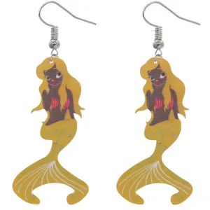 Yellow African American Mermaid Wooden Earrings