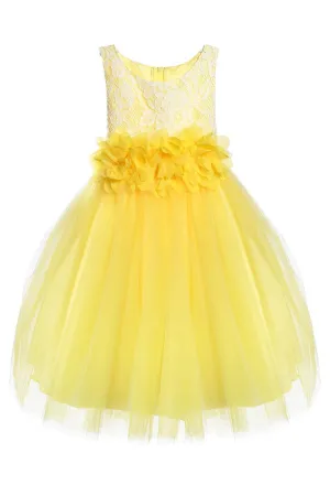 Yellow Lace Illusion Baby Dress With 3 Mesh Flowers