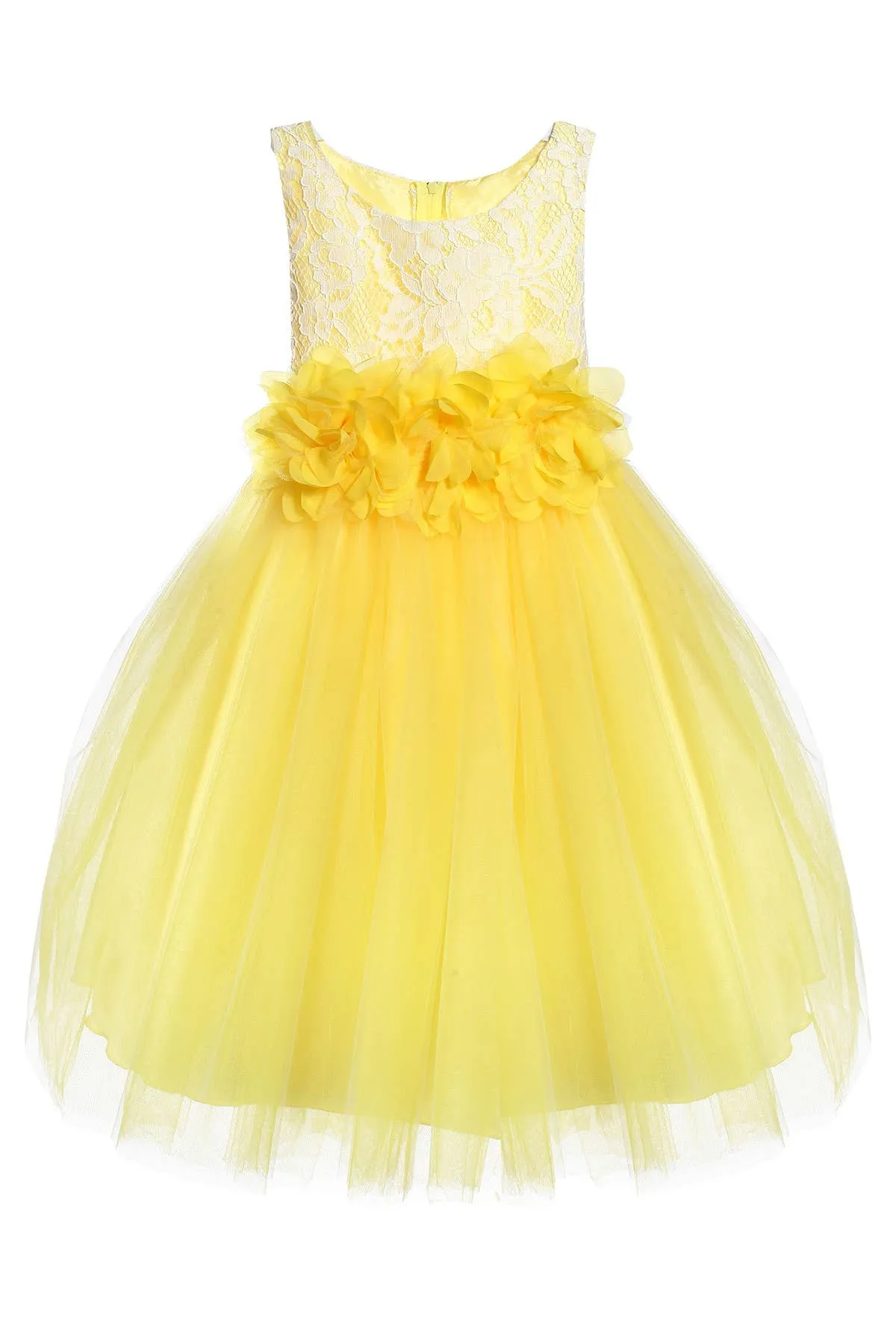 Yellow Lace Illusion Baby Dress With 3 Mesh Flowers