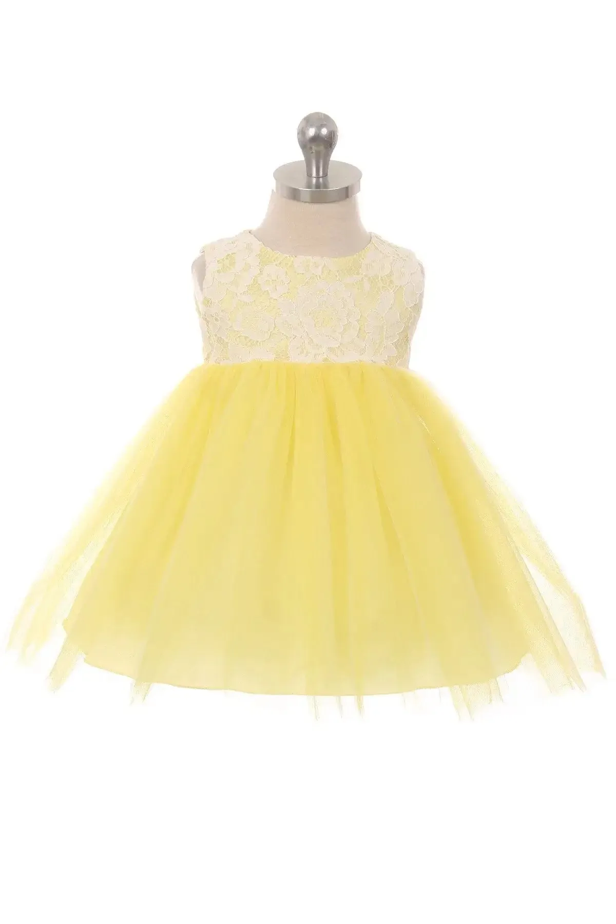 Yellow Lace Illusion Baby Dress With 3 Mesh Flowers