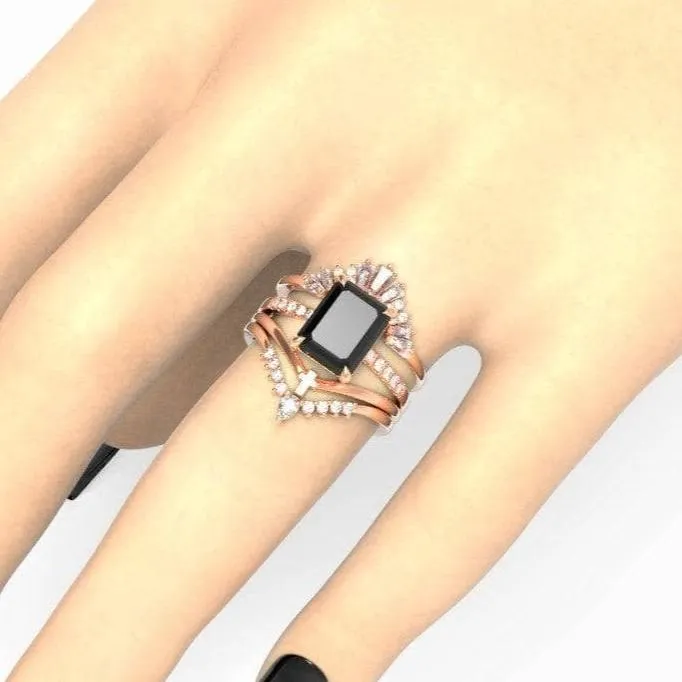 You Are Worth It- Black Emerald Cut Diamond Gothic Promise Ring Set