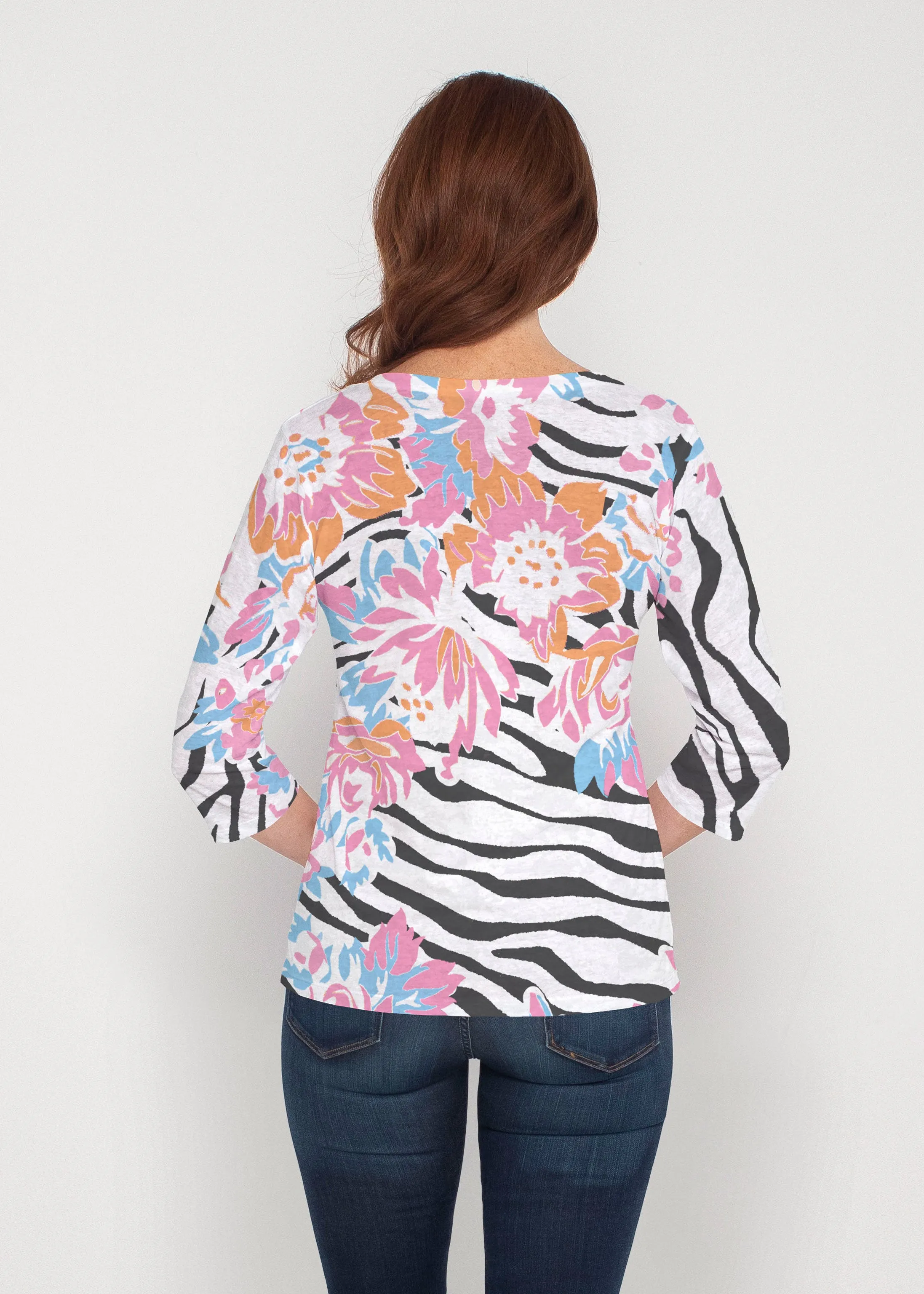 Zebra Posy Black (8118) ~ Signature 3/4 Sleeve V-Neck Top