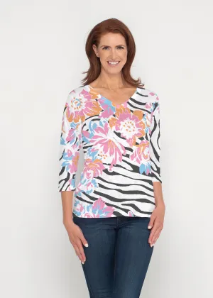 Zebra Posy Black (8118) ~ Signature 3/4 Sleeve V-Neck Top