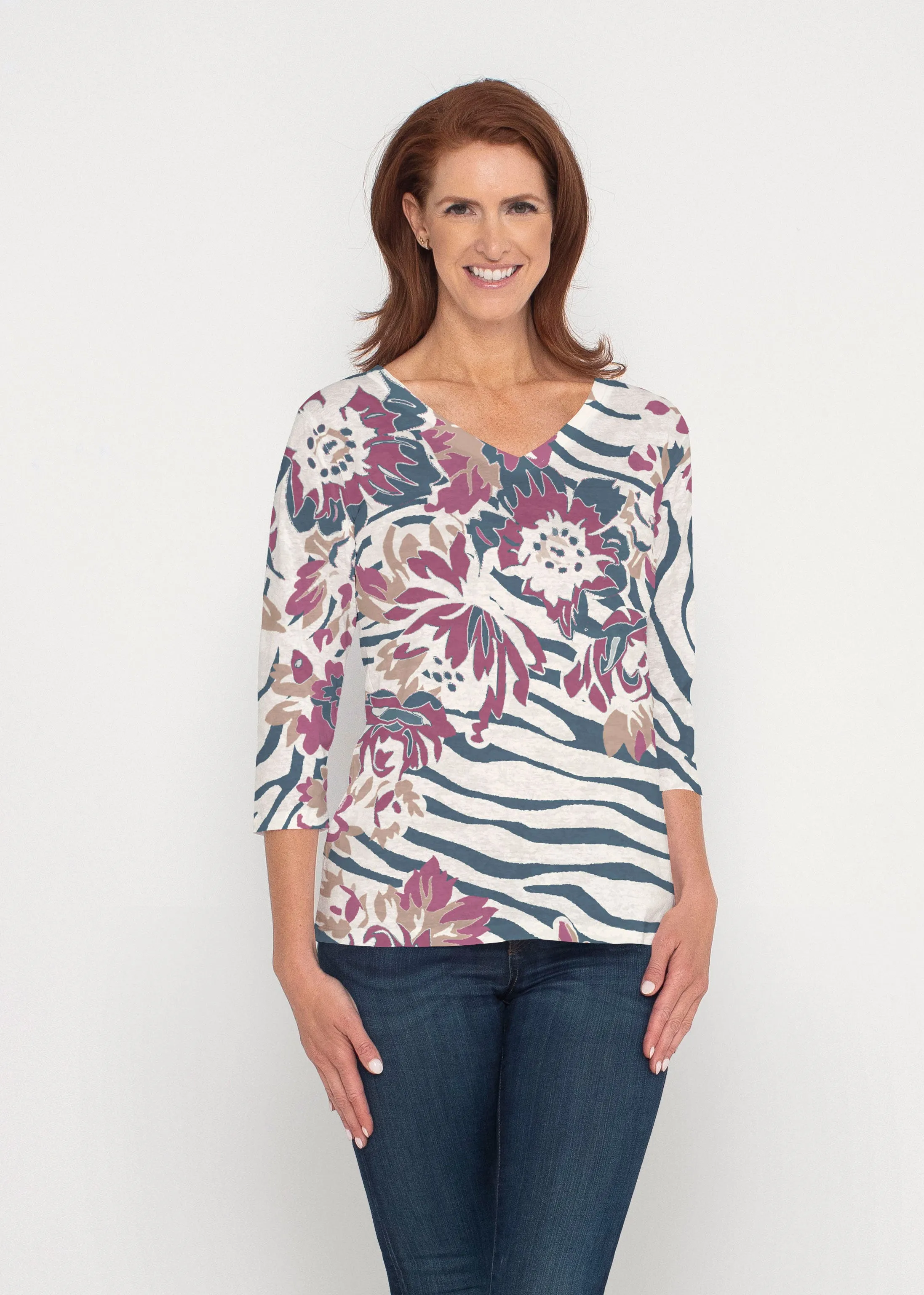 Zebra Posy Navy (8123) ~ Signature 3/4 Sleeve V-Neck Top