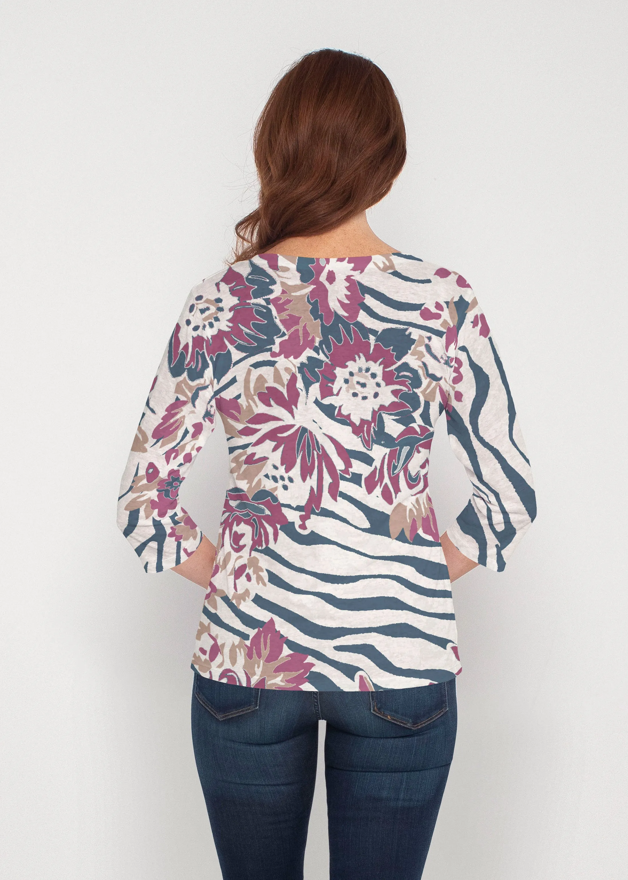 Zebra Posy Navy (8123) ~ Signature 3/4 Sleeve V-Neck Top