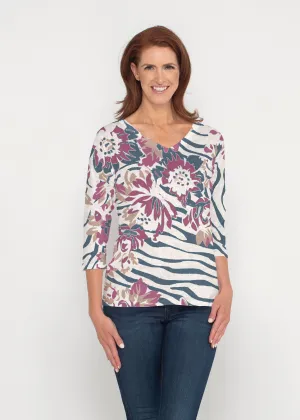 Zebra Posy Navy (8123) ~ Signature 3/4 Sleeve V-Neck Top