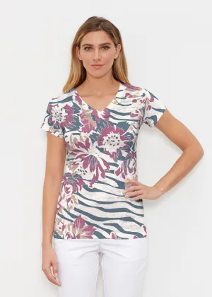 Zebra Posy Navy (8123) ~ Signature Cap Sleeve V-Neck Shirt