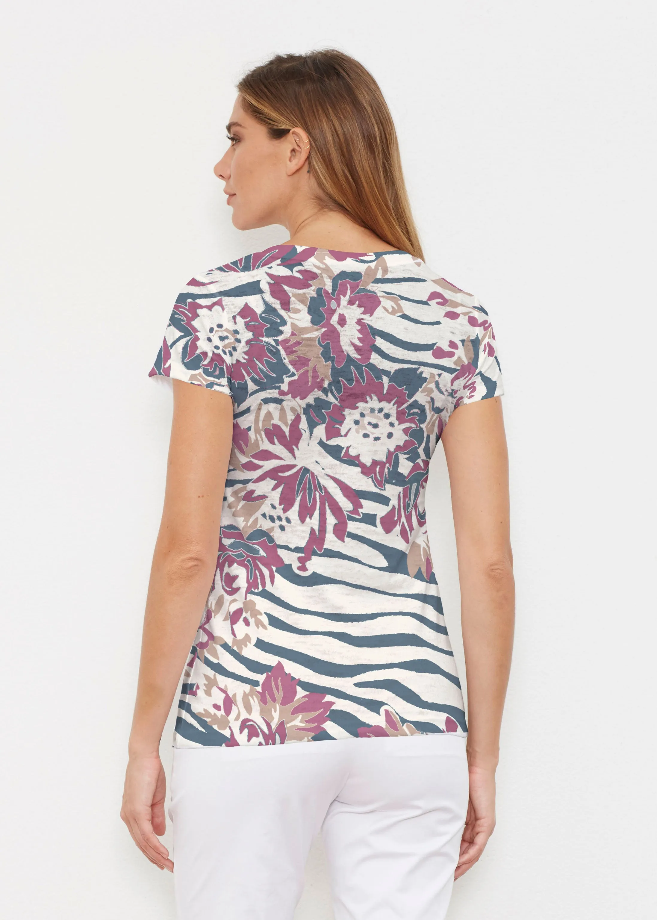 Zebra Posy Navy (8123) ~ Signature Cap Sleeve V-Neck Shirt