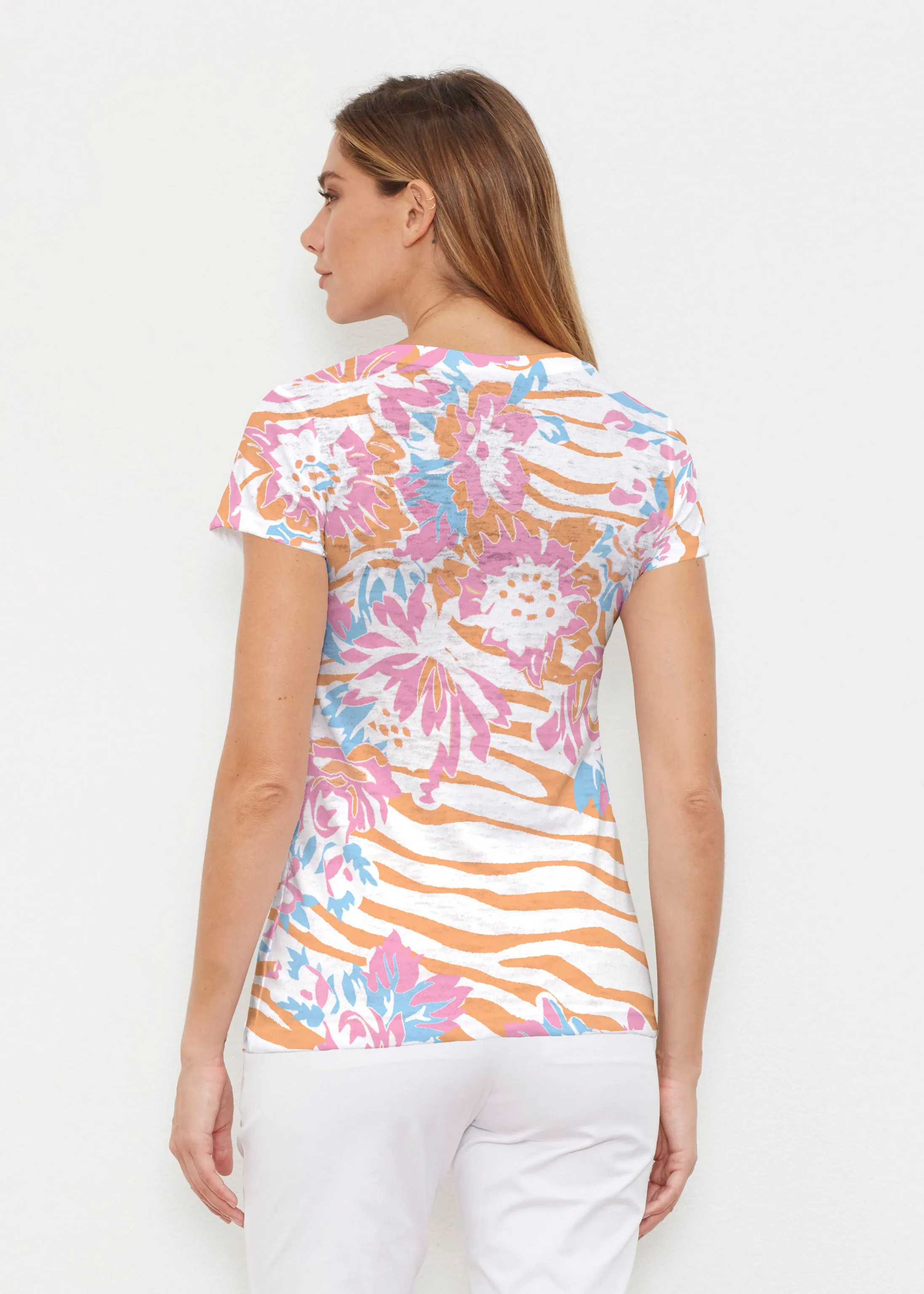 Zebra Posy Orange (8119) ~ Signature Cap Sleeve V-Neck Shirt