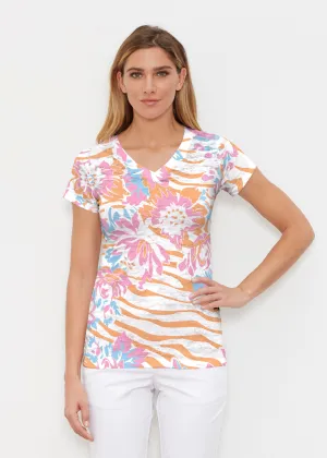 Zebra Posy Orange (8119) ~ Signature Cap Sleeve V-Neck Shirt